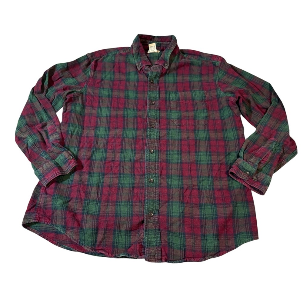 L.L. Bean Green Red Casual Button Down Shirt Size Large‎ Men 100% Cotton